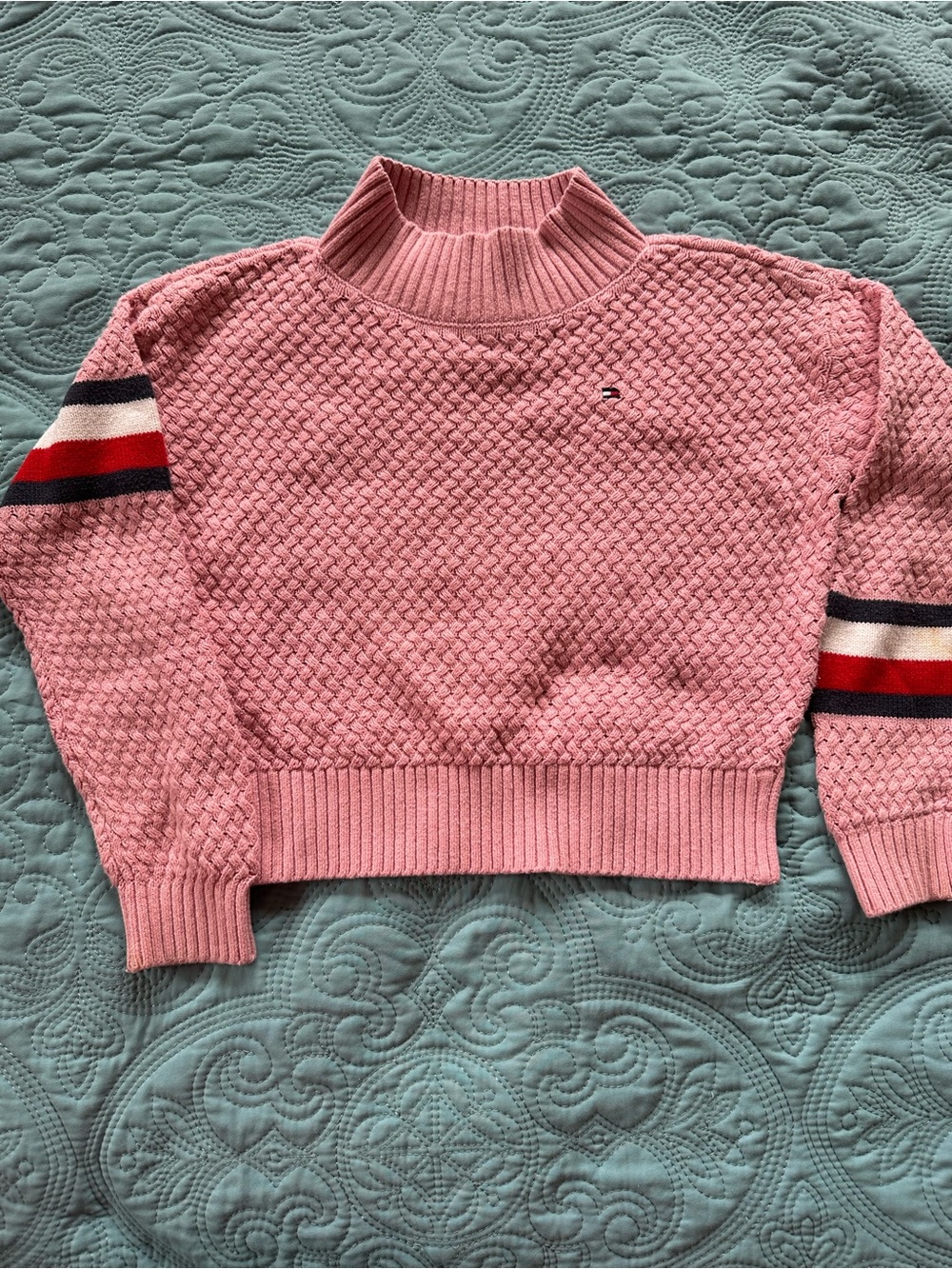Tommy Hilfiger Pink Textured Mockneck Sweater with Striped Sleeves
